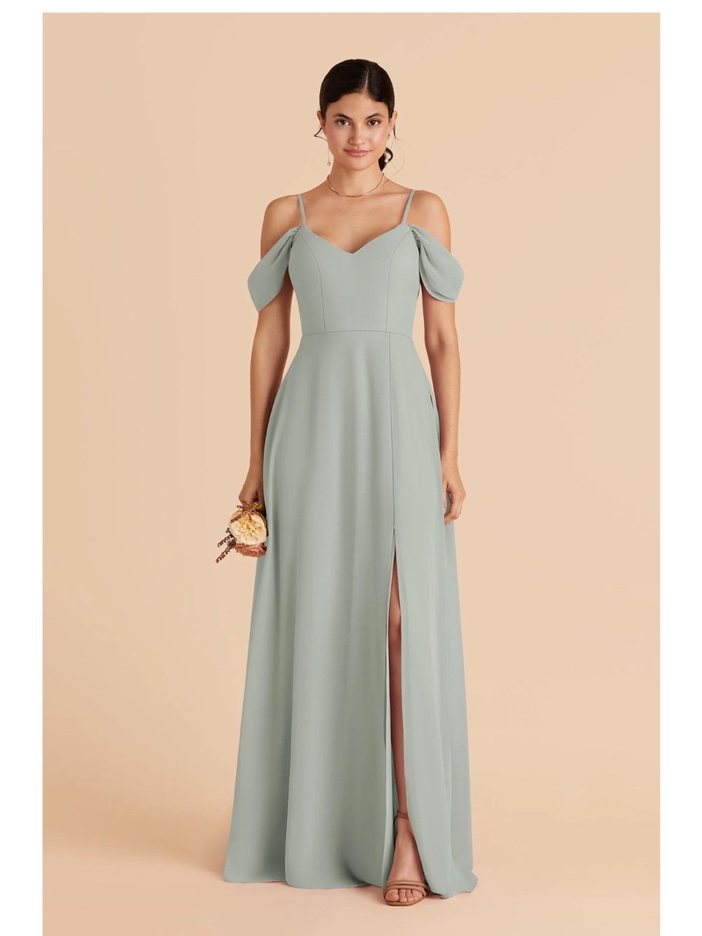 Birdy Grey Medium Sage Green Chiffon Off-Shoulder Maxi Dress